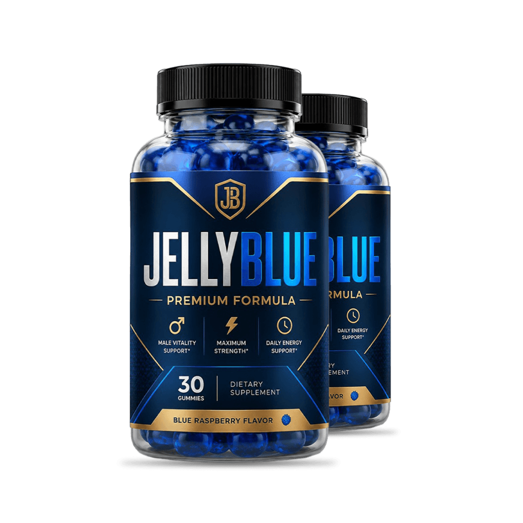 Two bottles of JellyBlue Premium Formula blue raspberry dietary supplement gummies